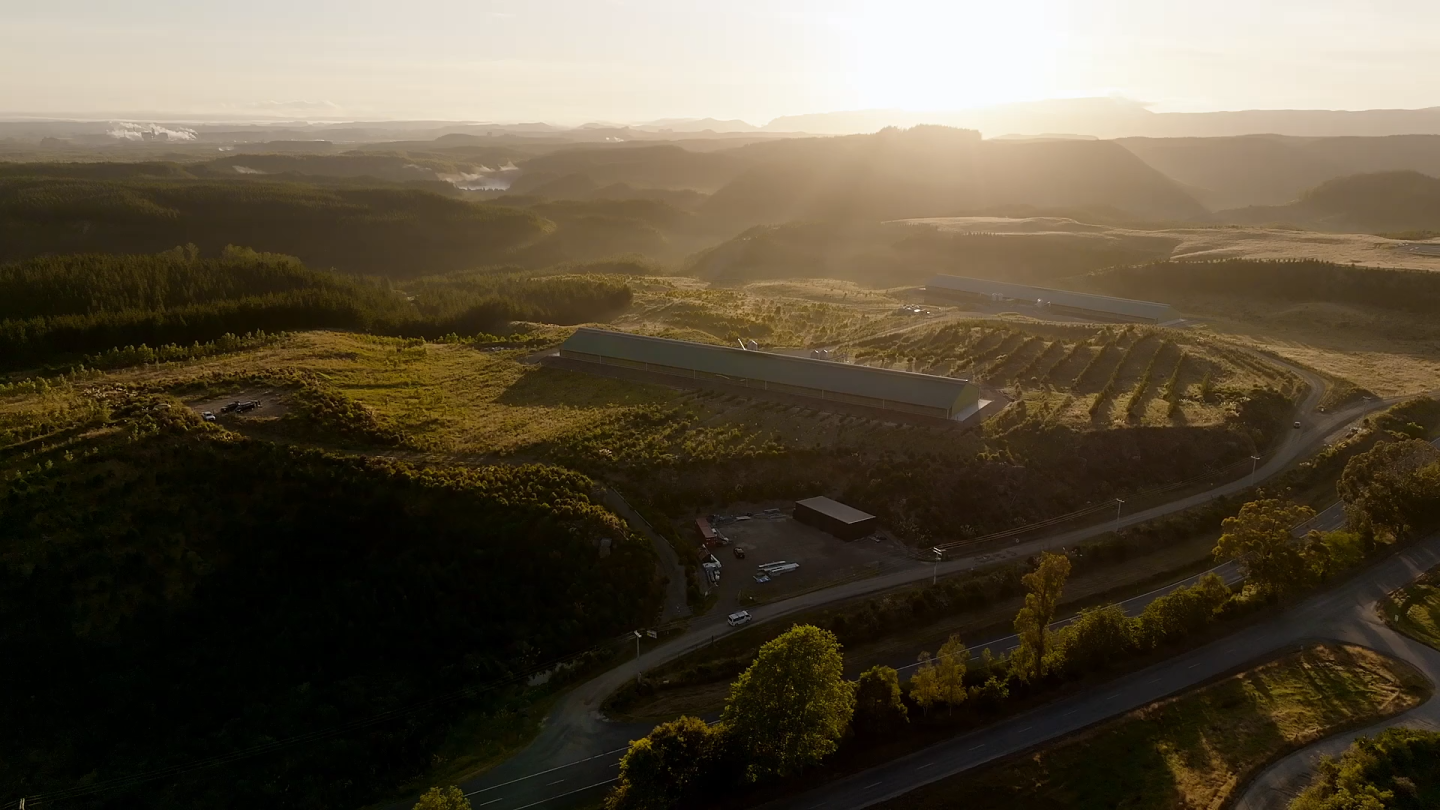 The farm and surrounding forest at sunset